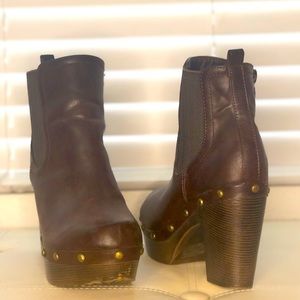 Brown ankle booties with platform chunky heel